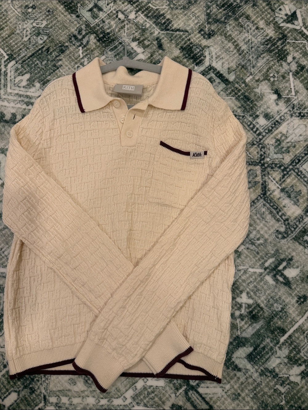 Kith Cream Polo Knit Long Sleeve with Burgundy Trim